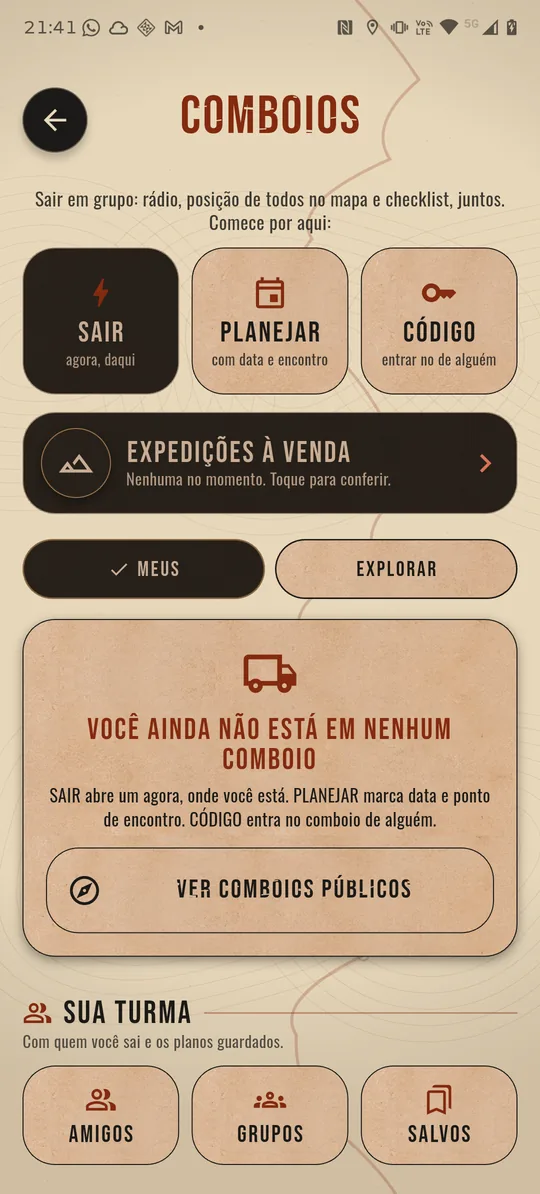 Tela Comboios: as três portas Sair, Planejar e Código, o cartão Expedições à venda, as abas Meus e Explorar e a seção Sua turma com Amigos, Grupos e Salvos.
