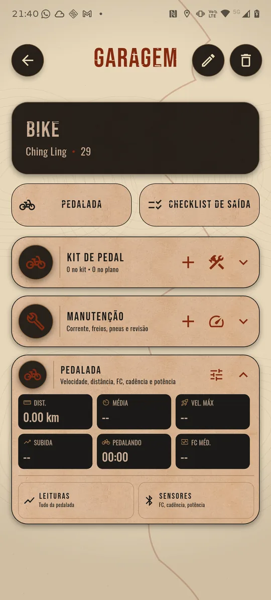 Ficha de uma bicicleta: botões Pedalada e Checklist de saída, seções Kit de pedal, Manutenção e Pedalada aberta com distância, média, velocidade máxima, subida, tempo pedalando e frequência cardíaca média, e os atalhos Leituras e Sensores.