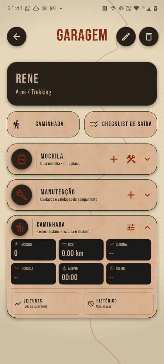 Ficha de um perfil A pé / Trekking: botões Caminhada e Checklist de saída, seções Mochila, Manutenção e Caminhada aberta com passos, distância, subida, descida, tempo em movimento e ritmo, e os atalhos Leituras e Histórico.