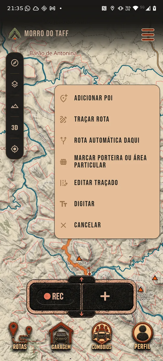 Menu do toque longo aberto sobre o mapa: Adicionar POI, Traçar rota, Rota automática daqui, Marcar porteira ou área particular, Editar traçado, Digitar e Cancelar.