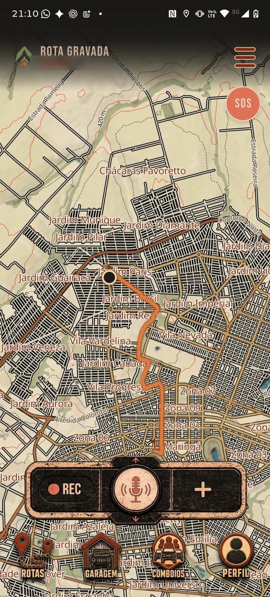 Mapa com o SOS acionado: o botão mudou de cor e o ponto da própria posição ficou destacado.