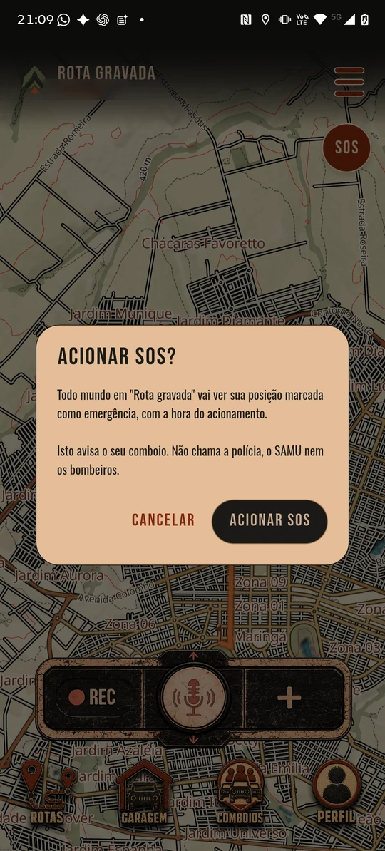 Diálogo de confirmação do SOS, avisando que todo o comboio verá a posição marcada como emergência e que o app não chama a polícia, o SAMU nem os bombeiros.